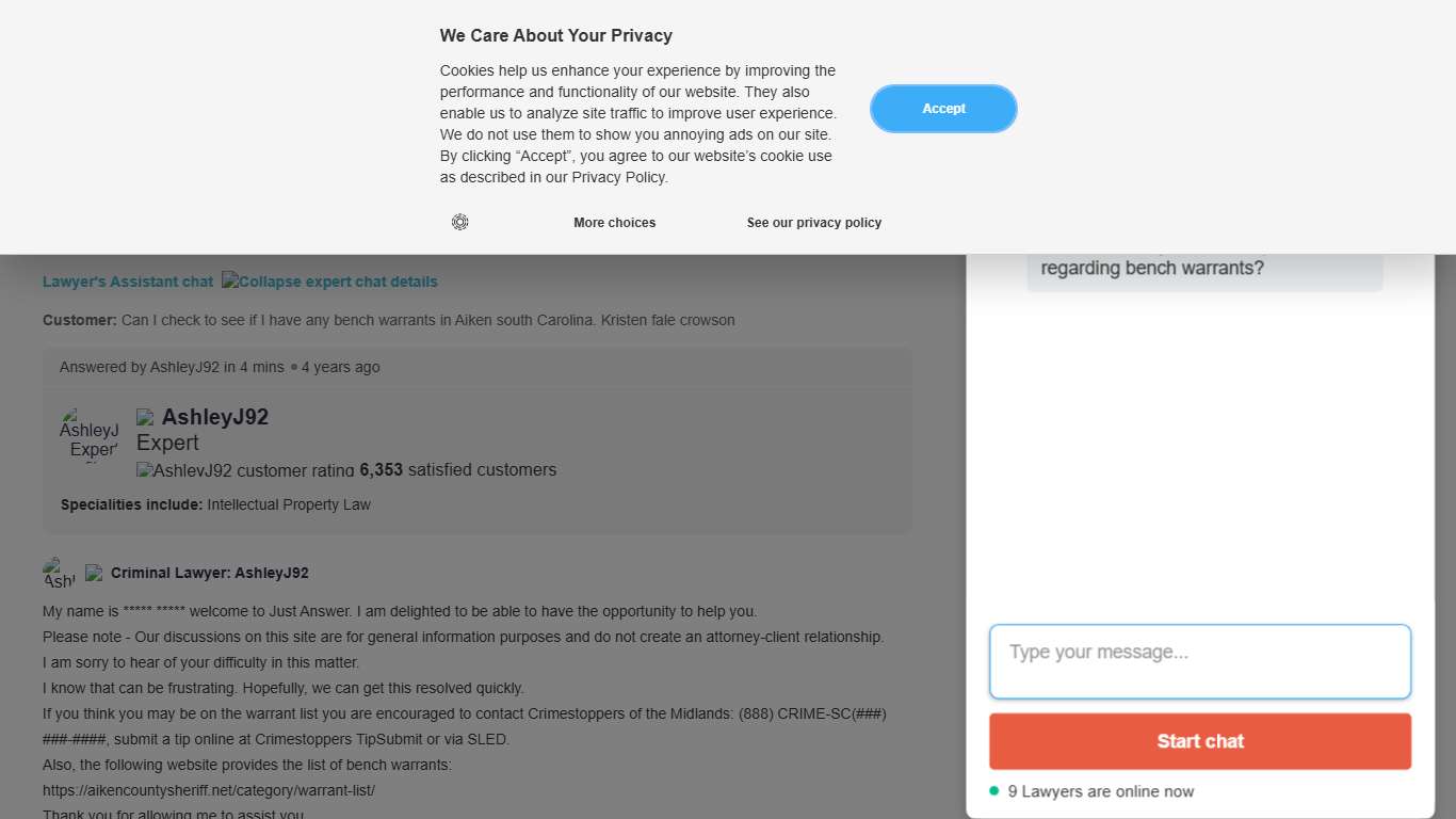 Can I check to see if I have any bench warrants in Aiken south Carolina. Kristen fale crowson