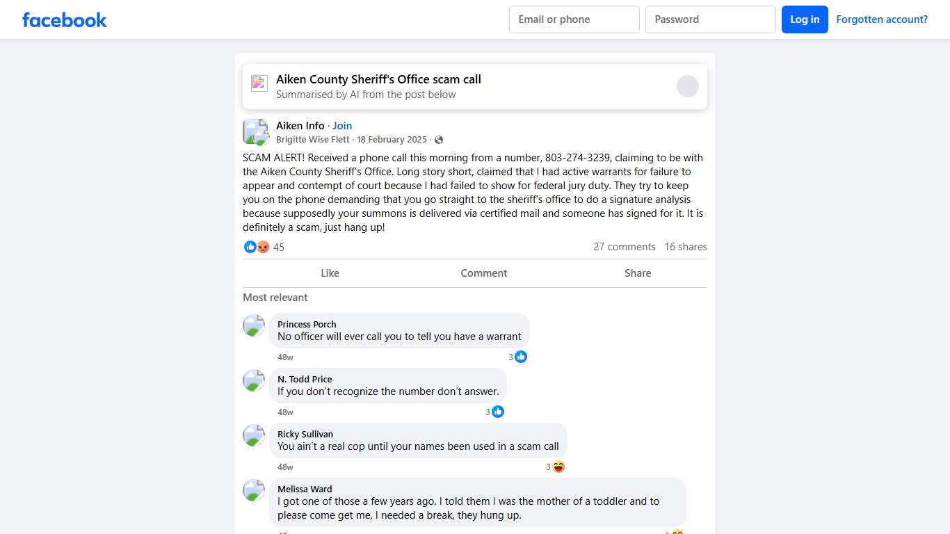 Aiken Info | SCAM ALERT! Received a phone call this morning from a number, 803-274-3239, claiming to be with the Aiken County Sheriff's Office | Facebook